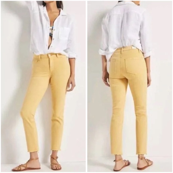 Paige Cindy Crop Raw Hem Jeans Womens 33 Yellow Mid Rise Denim‎ Stretch Pants - Picture 1 of 14